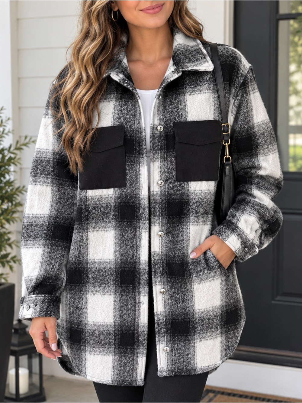 . Casa Cabana Black & White Buffalo Plaid Checkered Button Down Shirt Jacket